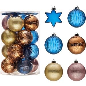 Blue Copper Gold Christmas Ornaments 
25 Piece Set
Shatterproof
Brand New